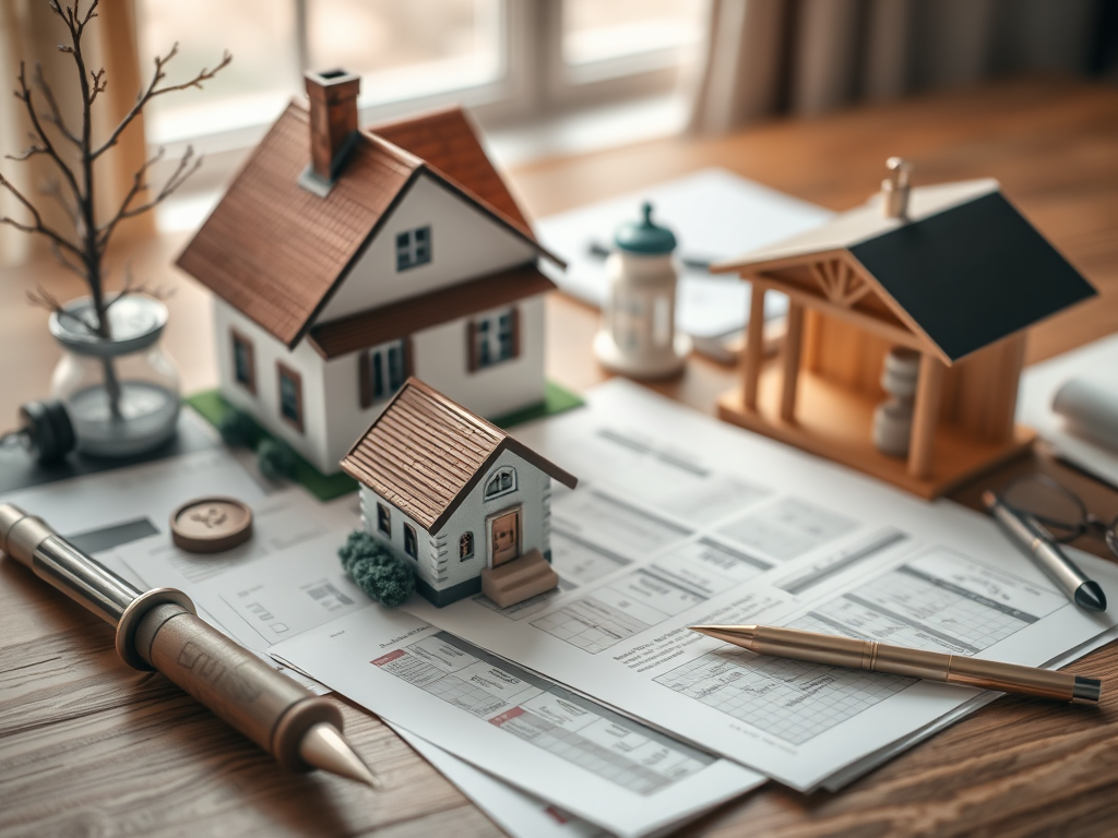 Estate planning documents with model houses on a desk